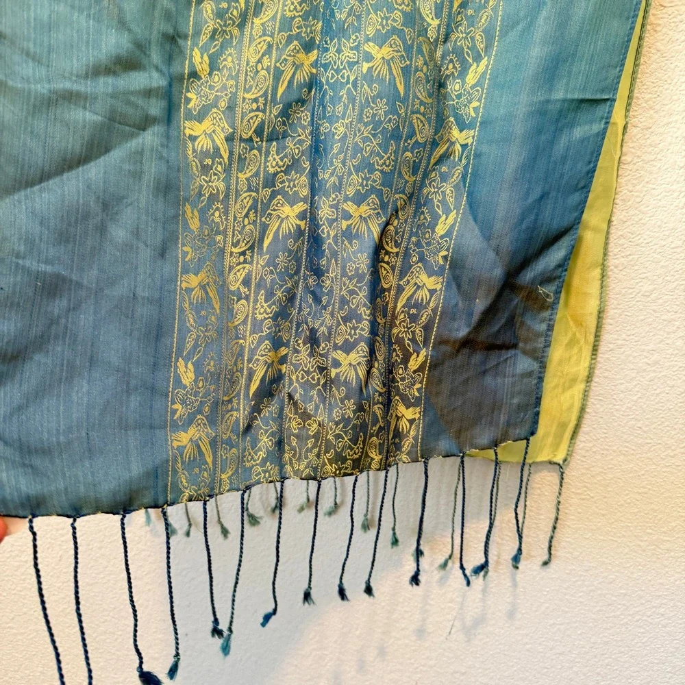 Vintage 100% Silk Ombre Scarf Teal Green Gold Bird Paisley Floral Fringe Wrap